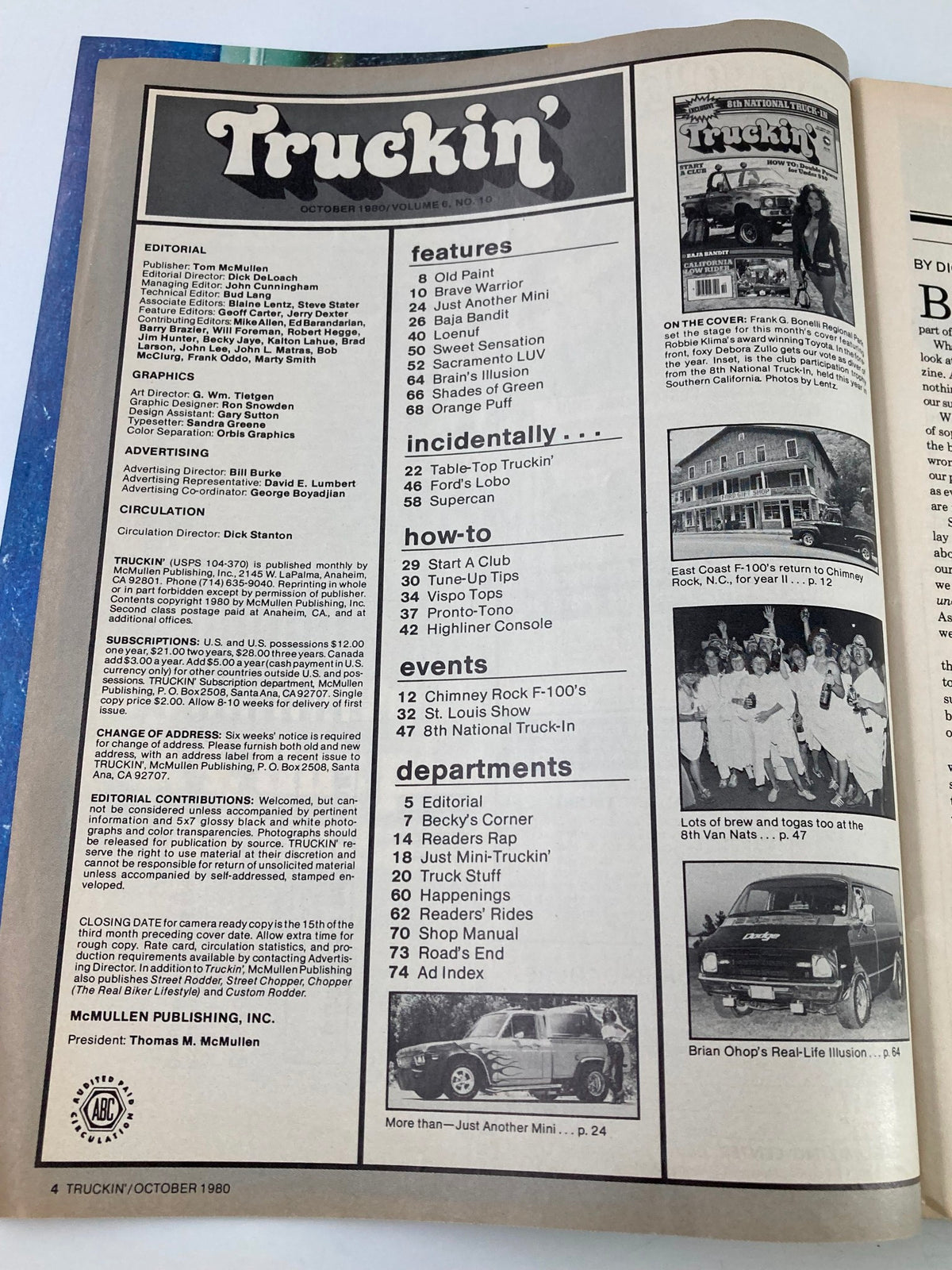 Inside page of VTG Truckin Magazine October 1980 displaying editorial and content details, featuring the magazine's focus on trucking culture.
