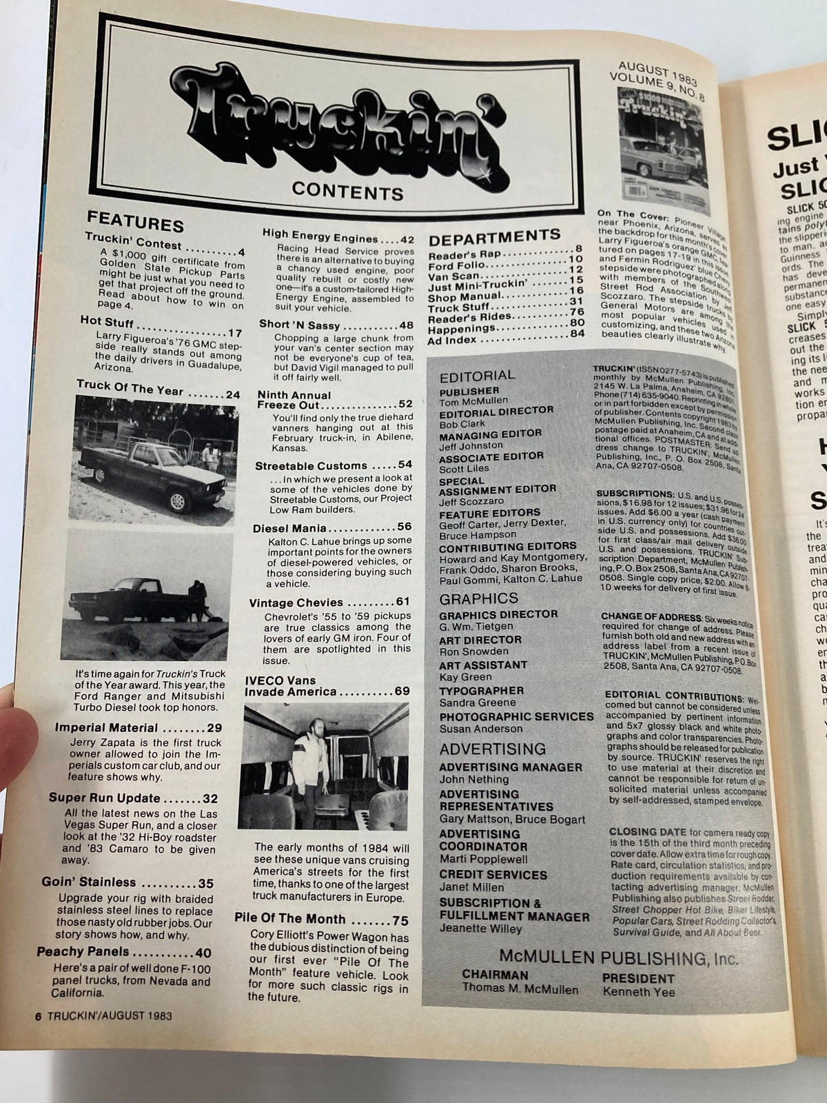 Contents page of VTG Truckin Magazine August 1983 showcasing various features and articles related to trucking, including 'Goin' Stainless' and 'Truck Of The Year'.