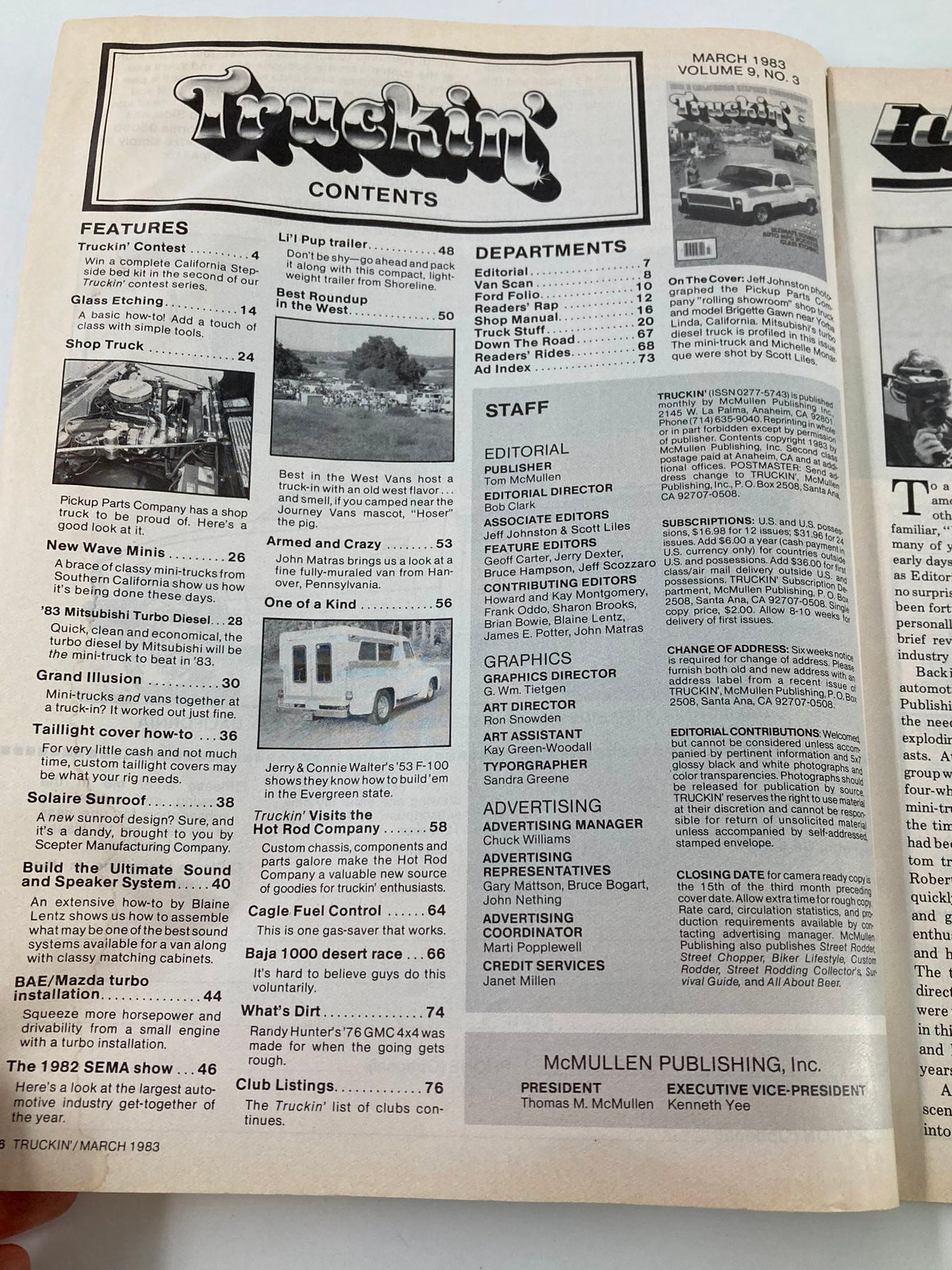 Table of contents page from VTG Truckin Magazine March 1983, detailing various sections including features on custom vehicles, automotive contests, and advertisements, showcasing the vibrant content of the issue.