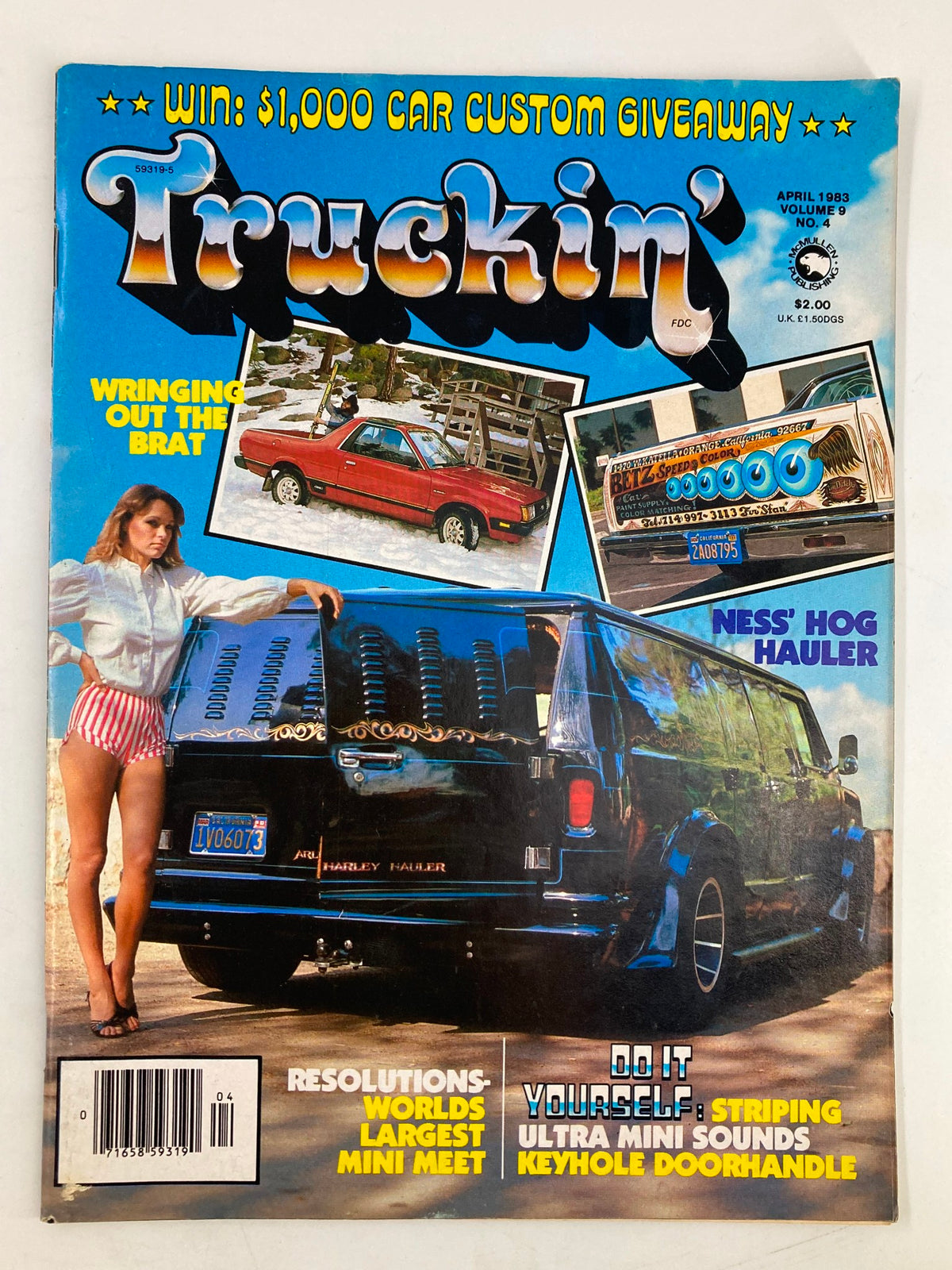 Vintage Truckin Magazine April 1983 cover featuring the World's Largest Mini Meet, showcasing a black Harley Hauler and a striking model in striped shorts.