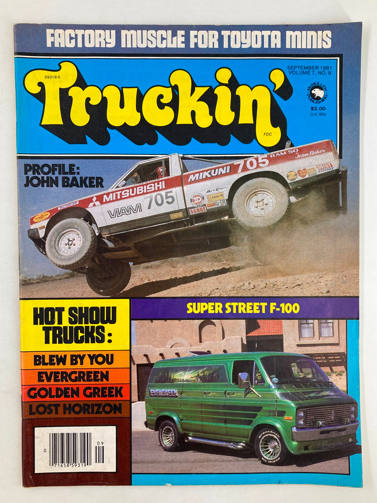 Cover of Truckin' Magazine September 1981 featuring profile of John Baker, showcasing a Mitsubishi truck in action and a green custom van, reflecting the vintage off-road automotive culture.