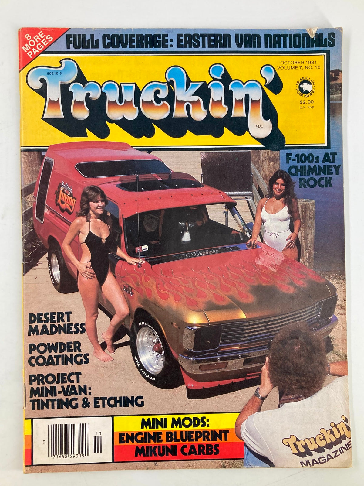 Cover of VTG Truckin Magazine October 1981 featuring custom mini-van tinting and etching with models beside a modified van and artistic flames on a car.