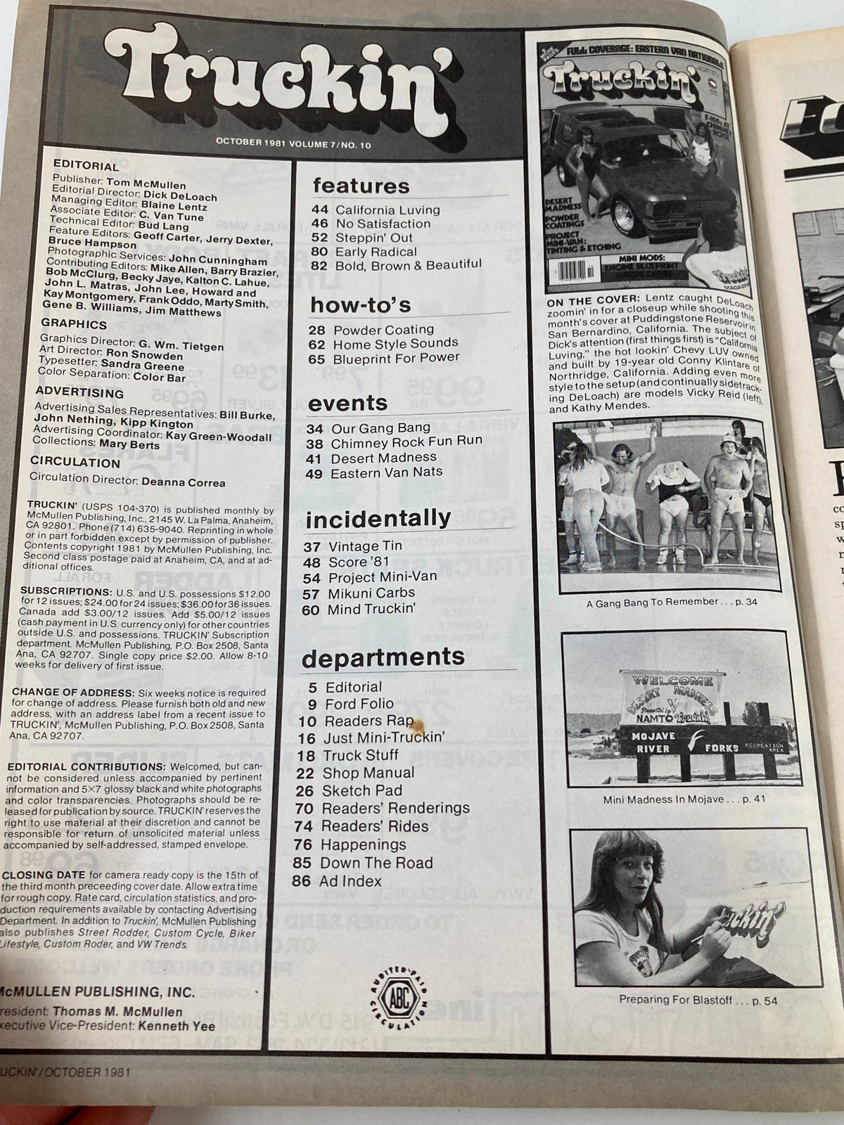 Inner page of VTG Truckin Magazine October 1981 displaying the list of features and articles including mini-van projects and events.