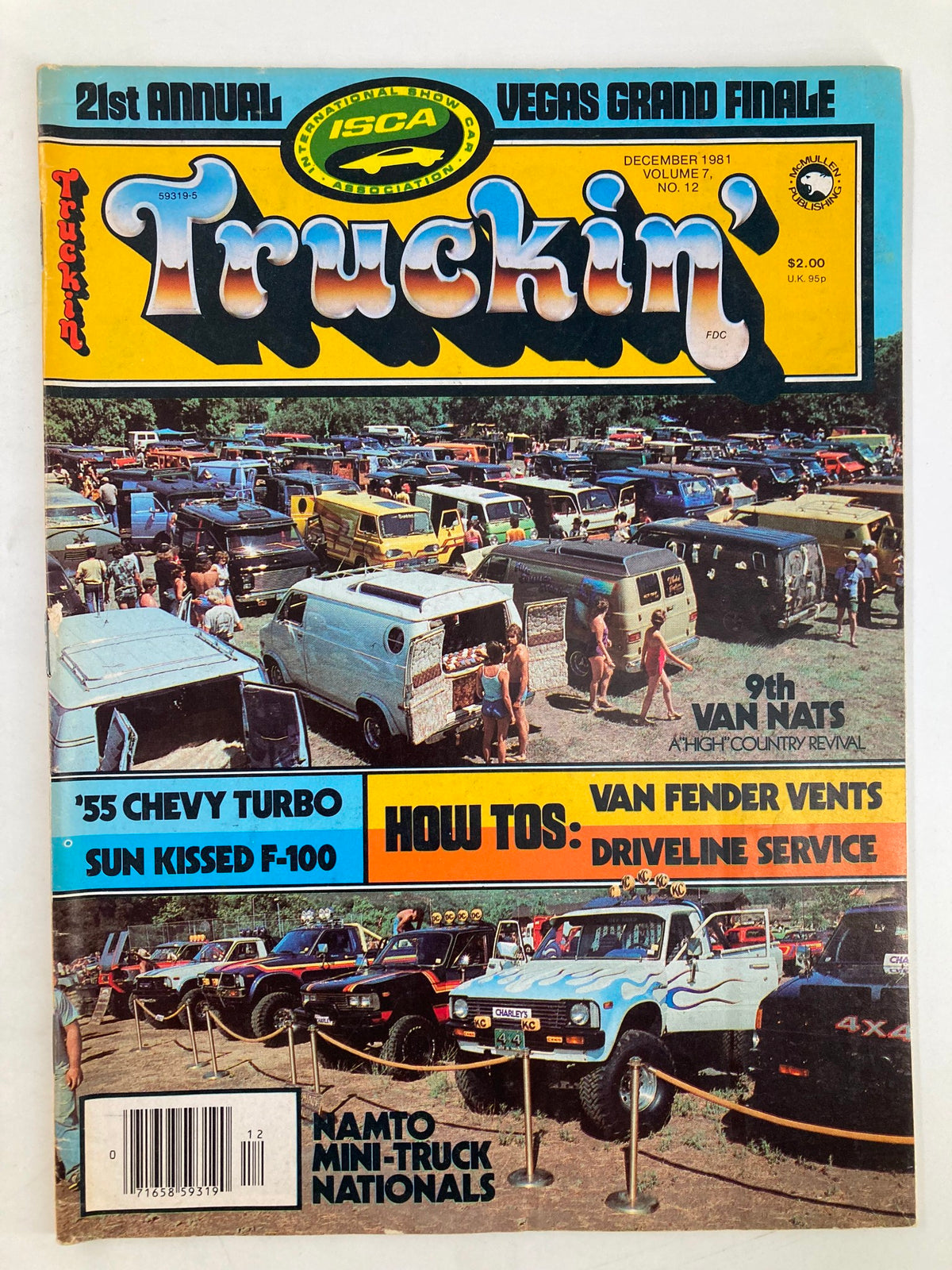 Cover of the December 1981 issue of Truckin Magazine featuring a vibrant scene of vintage trucks and vans, highlighting the topics 'How To: Van Fender Vents' and 'Driveline Service'. A must-have for automotive enthusiasts.