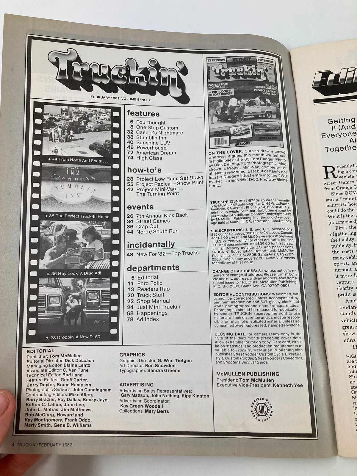 Interior page of VTG Truckin Magazine February 1982, displaying the table of contents and featuring articles on truck modifications and events, highlighting the magazine's focus on truck culture.