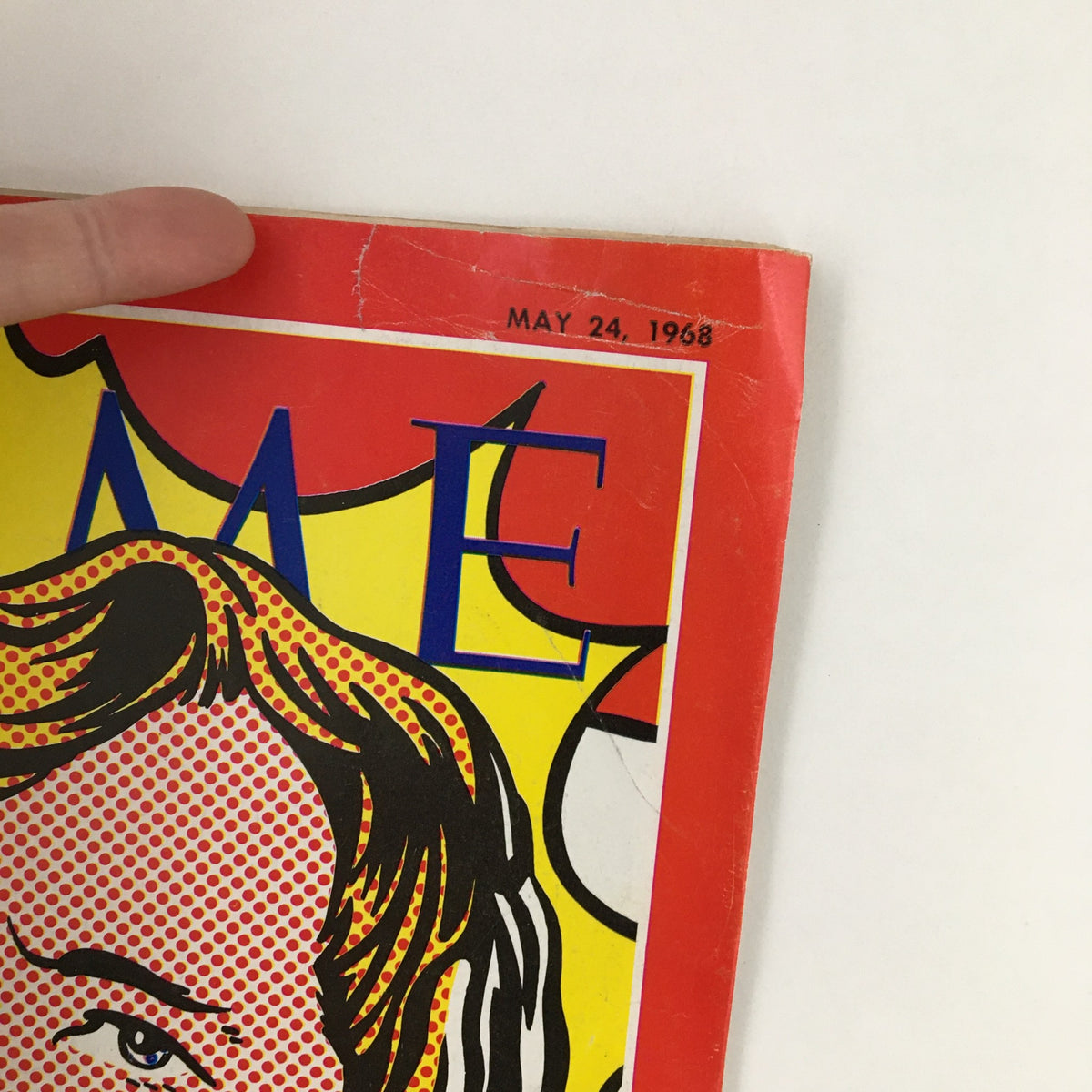 Close-up view of the May 24, 1968 Time Magazine cover featuring a vibrant cartoon illustration of Bobby Kennedy, showcasing its title and date, ideal for collectors and enthusiasts of American political history.