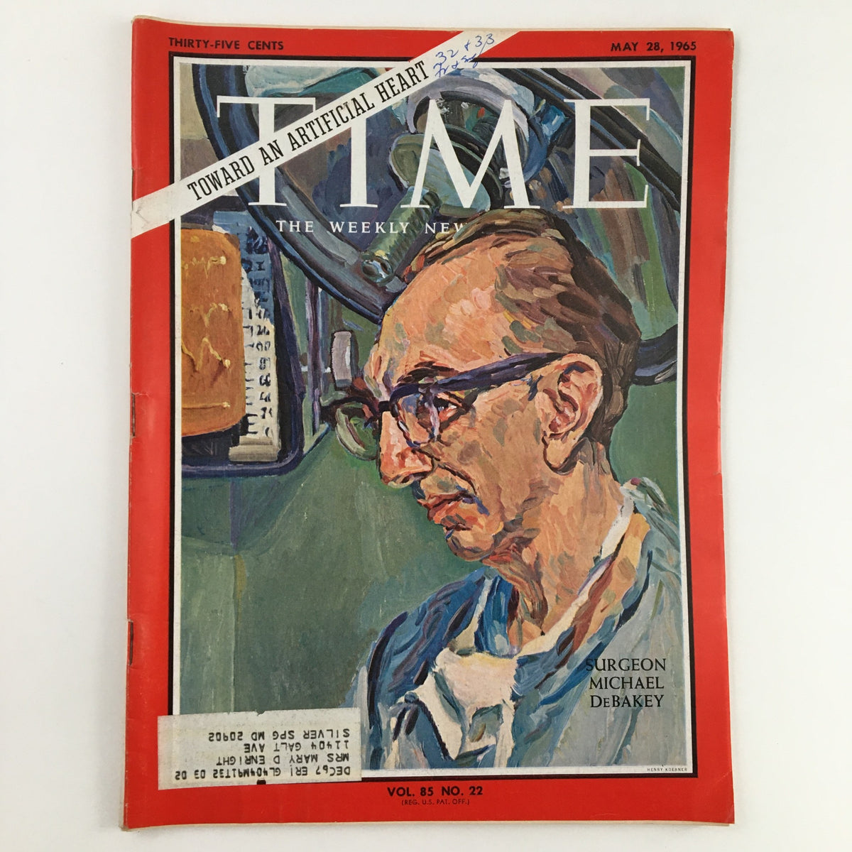 Time Magazine cover from May 28, 1965, featuring the title 'Toward an Artificial Heart' and a portrait of surgeon Michael DeBakey. This issue highlights DeBakey's contributions to the development of the artificial heart.