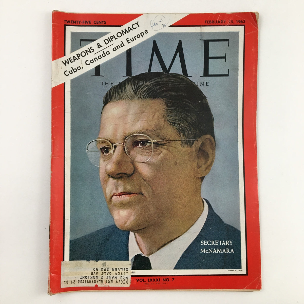 Time Magazine February 15, 1963, Volume 81, No. 7 cover featuring Secretary McNamara, highlighting 'Weapons & Diplomacy' with a detailed portrait.