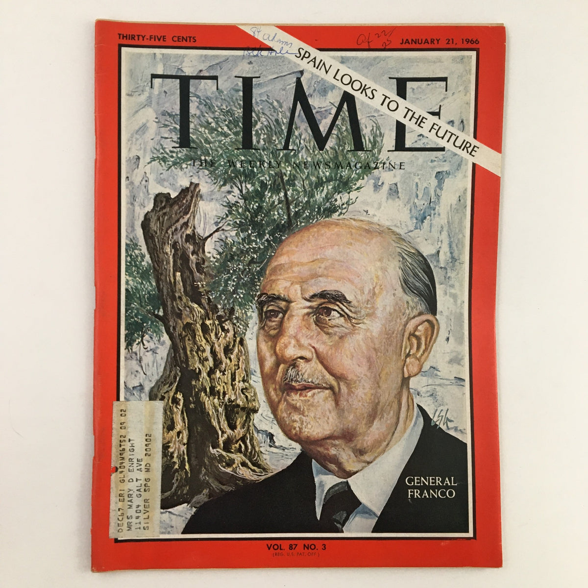 Cover of Time Magazine from January 21, 1966, featuring General Francisco Franco. The magazine has a prominent red border and illustrates Franco's portrait amidst an olive tree background, highlighting the title 'Spain Looks to the Future.'