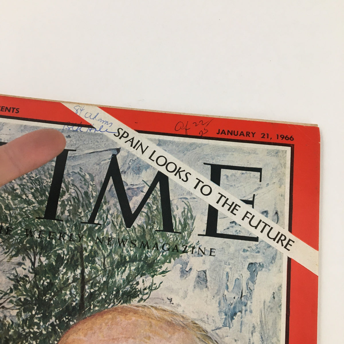 Close-up of the Time Magazine cover from January 21, 1966, showing the title 'Spain Looks to the Future' and a handwritten date. The image emphasizes General Francisco Franco's portrait along with address label details at the bottom.