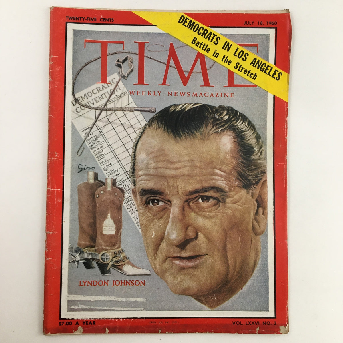 Cover of Time Magazine dated July 18, 1960, Volume 76, No. 3 featuring Lyndon Johnson with the headline 'Democrats in Los Angeles' and a depiction of cowboy boots.