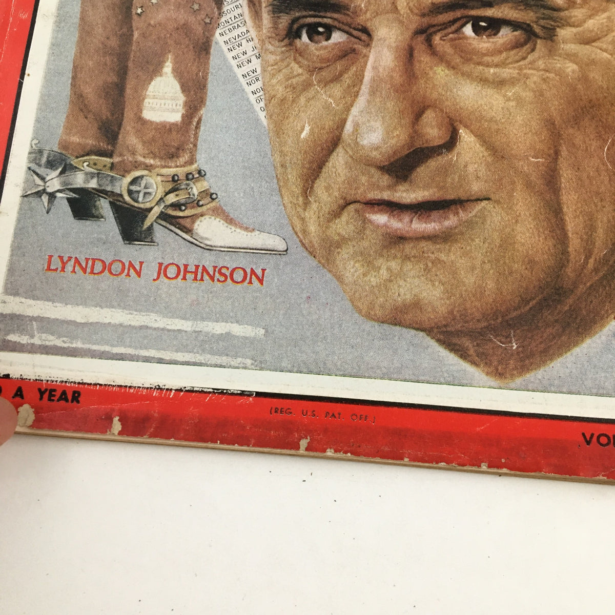 Detailed close-up of Time Magazine cover from July 18, 1960, showcasing Lyndon Johnson's face and cowboy boots, highlighting the publication's title and date.