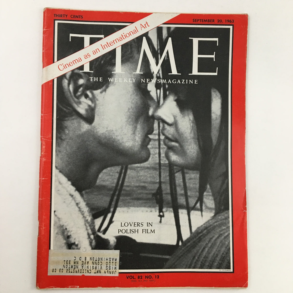 Vintage Time Magazine cover from September 20, 1963, Vol. 82 No. 12 titled 'Cinema as an International Art', featuring an artistic depiction of two lovers symbolizing Polish film.