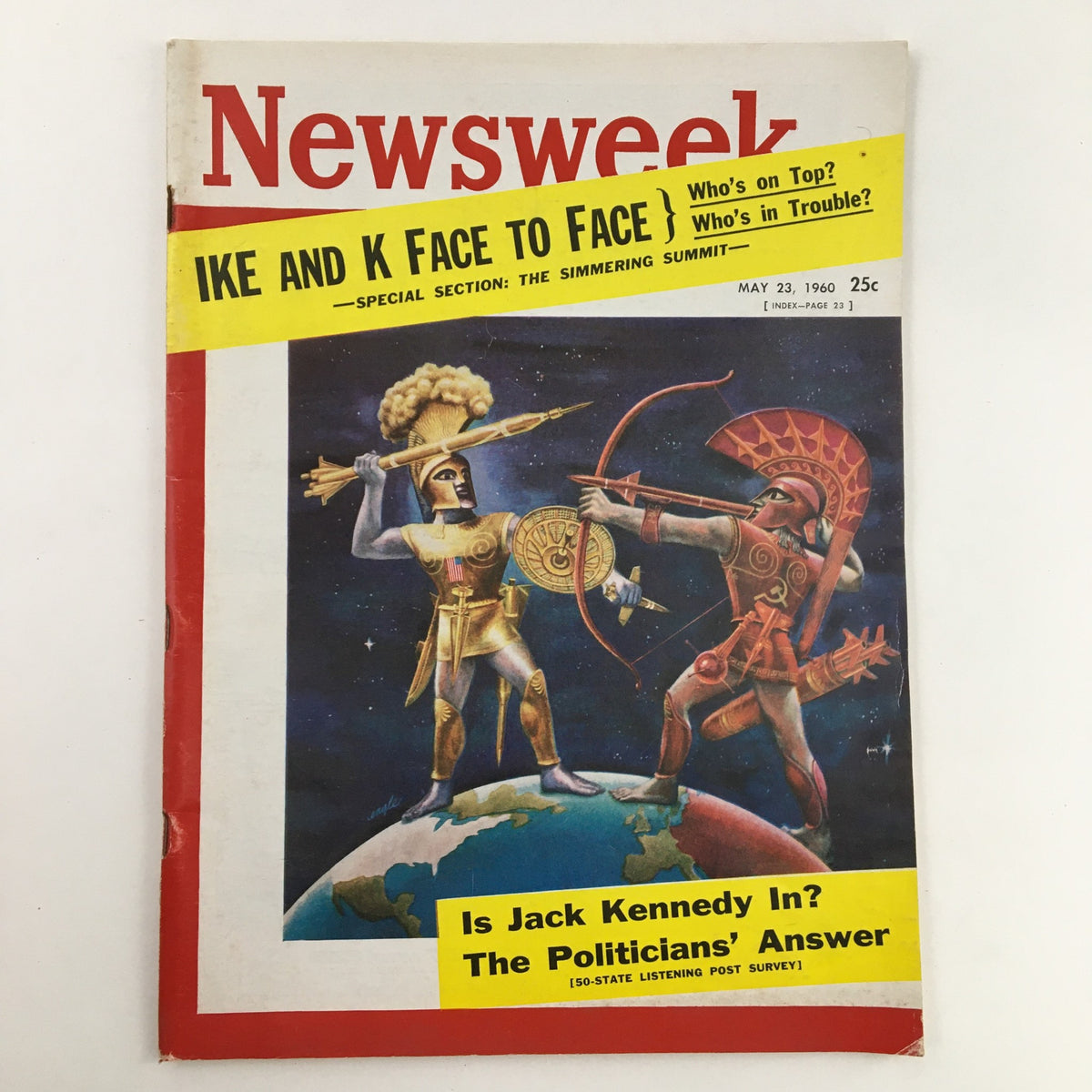 Cover of Newsweek Magazine dated May 23, 1960 featuring the headline 'Ike and K Face to Face' with artistic depiction of historical figures, showcasing a pivotal moment in American political history.