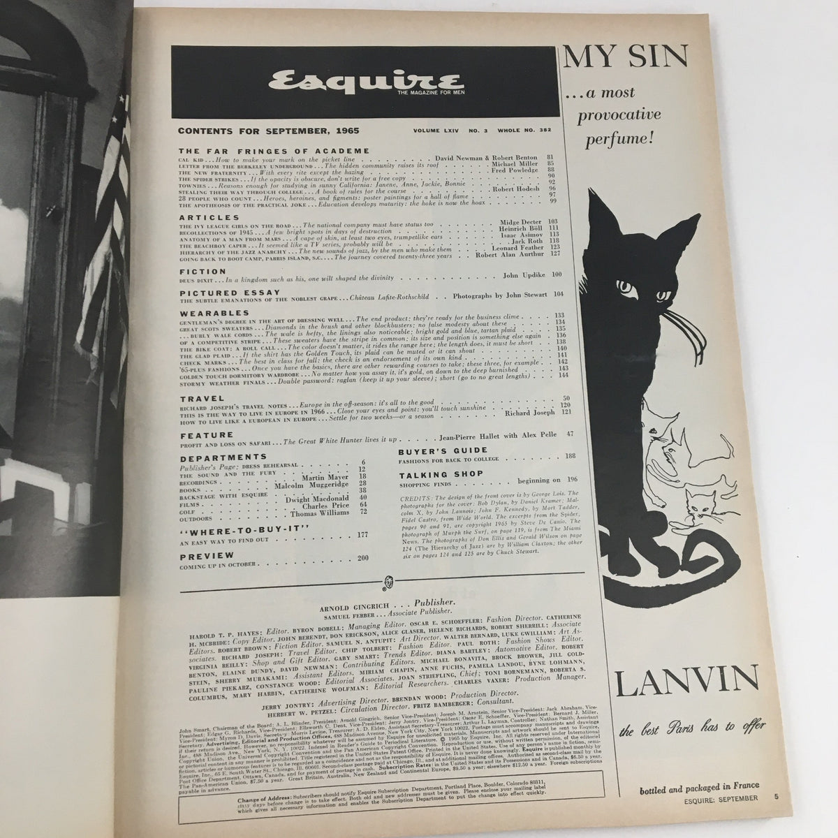Contents page of Esquire Magazine September 1965 showcasing articles, fiction, and features, reflecting the magazine's diverse topics during a pivotal historical moment.
