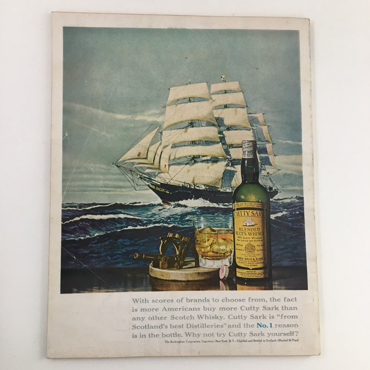Back cover advertisement of Esquire Magazine September 1965 promoting Cutty Sark Scotch Whisky with a nautical theme, illustrating mid-20th century marketing aesthetics.