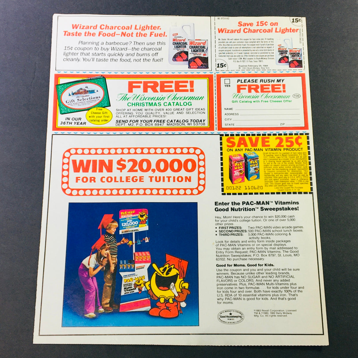 VTG Retro 1984 Pac-Man Vitamins Good Nutrition Tuition Sweepstakes Ad Coupon featuring a colorful advertisement for winning $20,000 for college tuition and discounts on Pac-Man vitamins, showcasing characters and contest details.