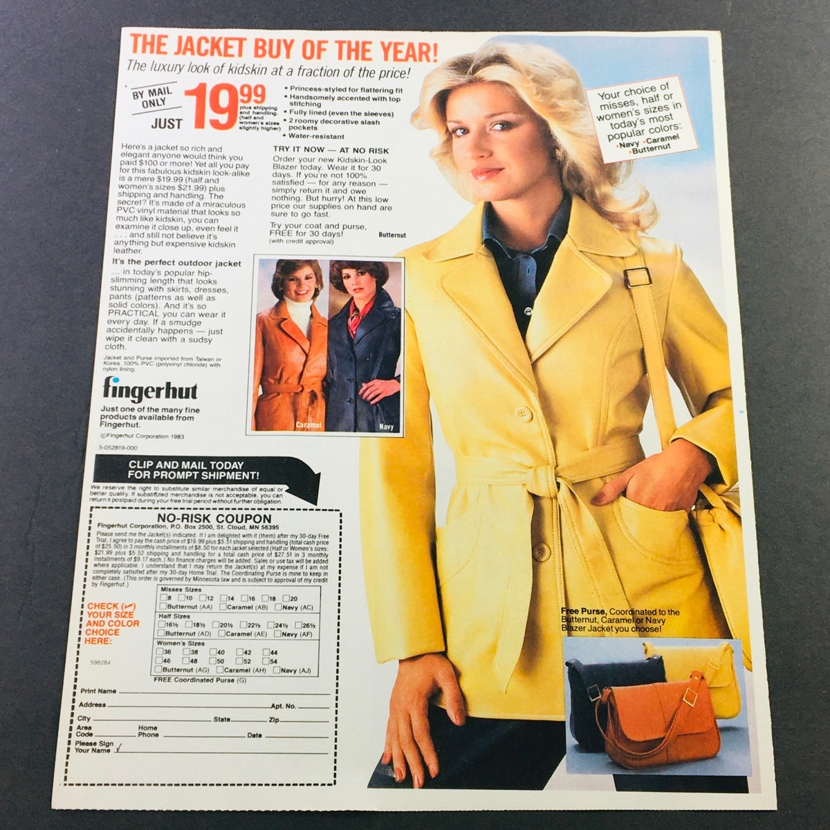 VTG Retro 1984 Pac-Man Vitamins Good Nutrition Tuition Sweepstakes Ad Coupon highlighting a fashionable model in a stylish yellow jacket, promoting Fingerhut's catalog offerings.