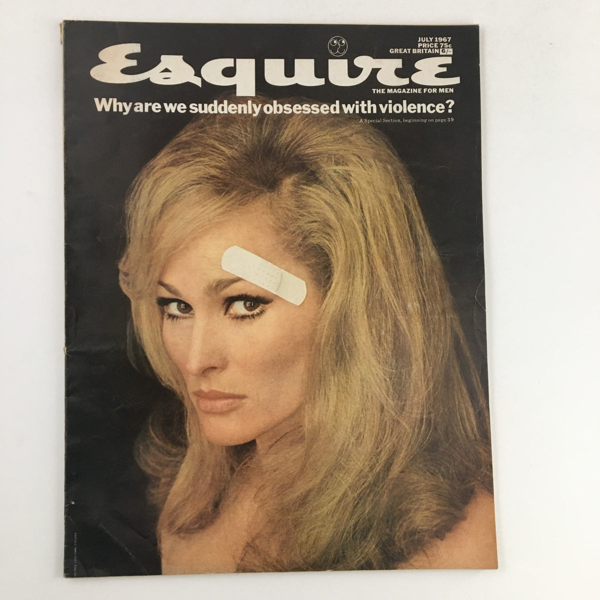Cover of Esquire Magazine from July 1967 featuring the headline 'Why Are We Suddenly Obsessed with Violence?' showcasing a model with long blonde hair and striking features, reflecting the vintage aesthetic of the 1960s.