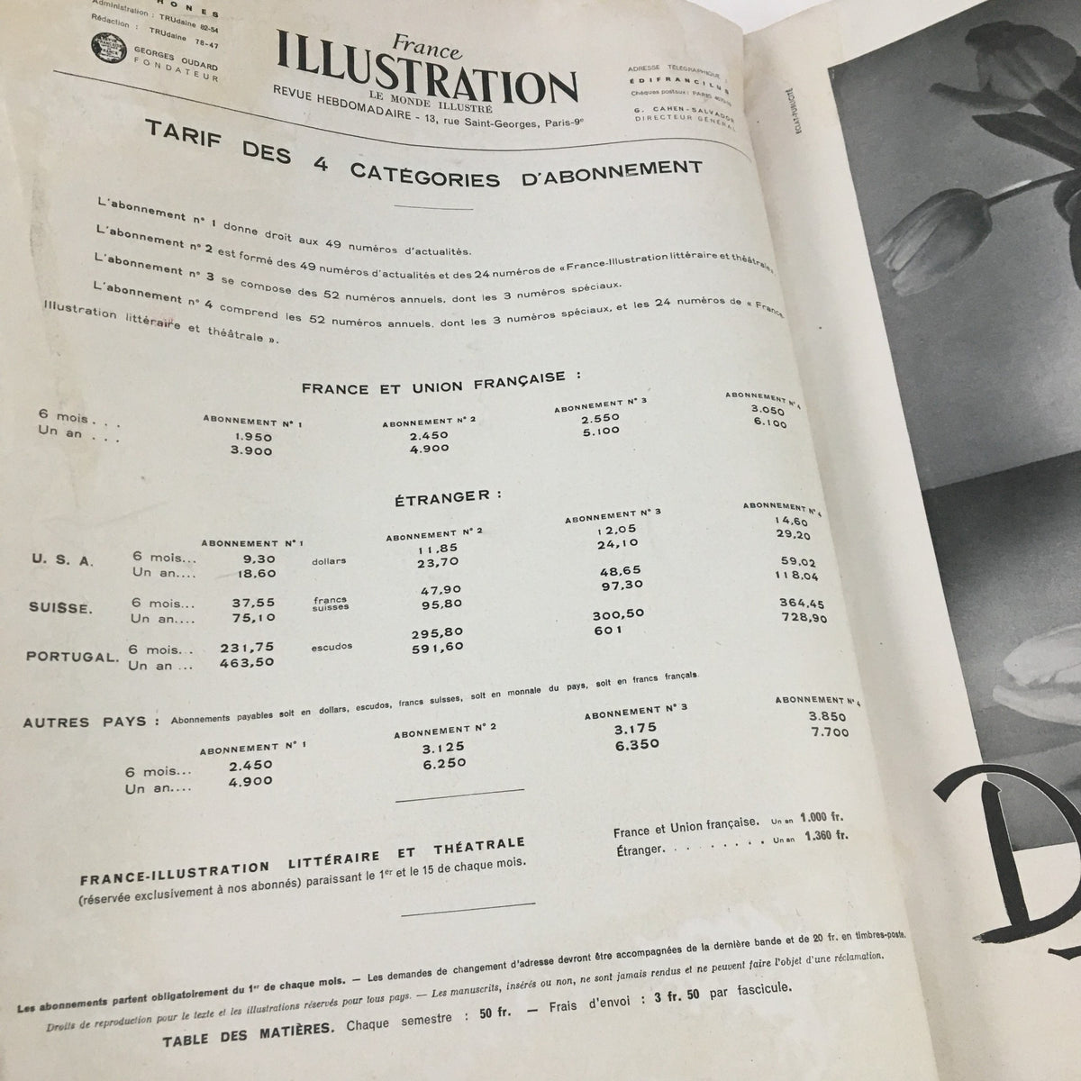 Interior page of France Illustration Magazine June 1949, displaying subscription information and pricing details in French.
