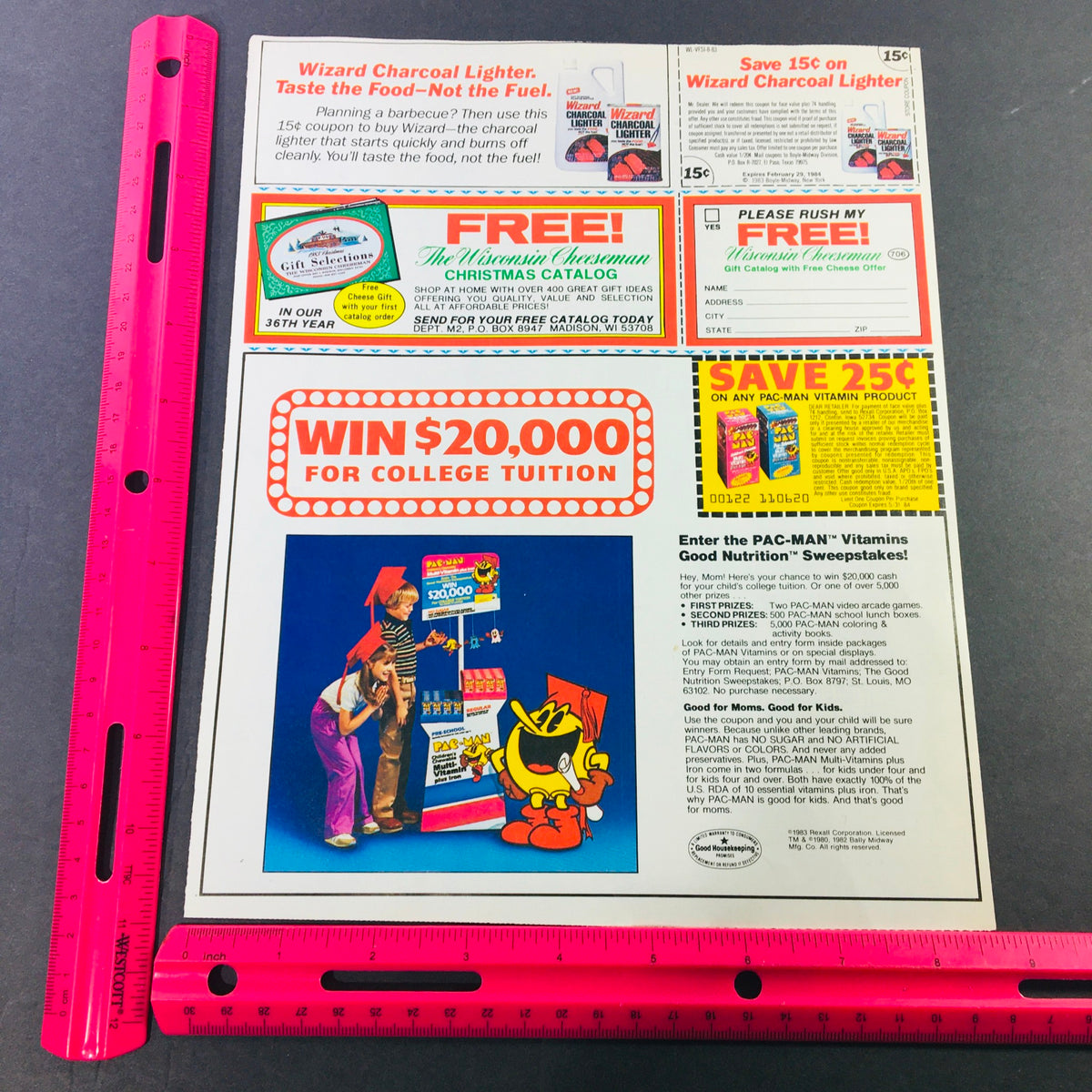 VTG Retro 1984 Pac-Man Vitamins Good Nutrition Tuition Sweepstakes Ad Coupon featuring promotional offers, a vibrant layout, and details about entering a sweepstakes for a chance to win college tuition, all presented in excellent condition.