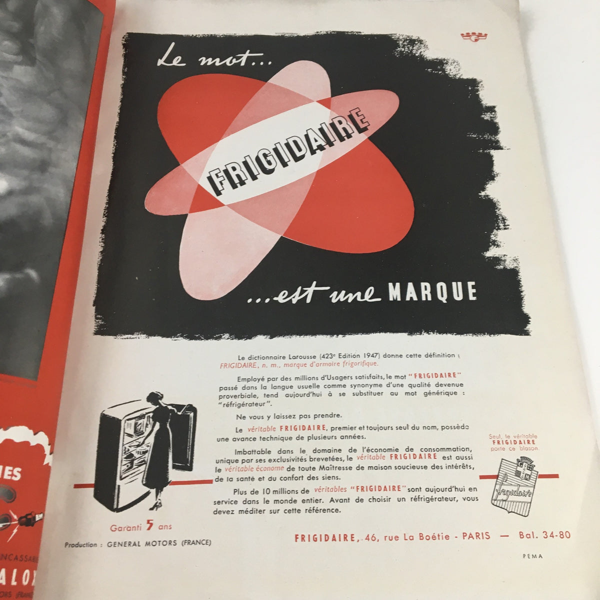 Vintage advertisement for Frigidaire in the France Illustration Magazine June 1949 L'Annee Du Buffle showcasing retro design and branding.