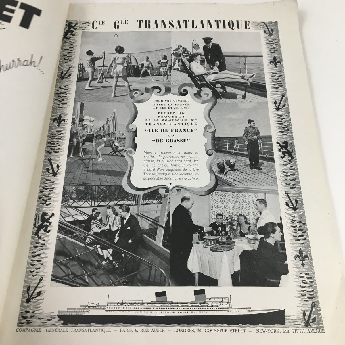 Historical travel advertisement for Compagnie Générale Transatlantique featuring leisure activities aboard the Île de France or De Grasse, from the France Illustration Magazine June 1949 L'Annee Du Buffle.