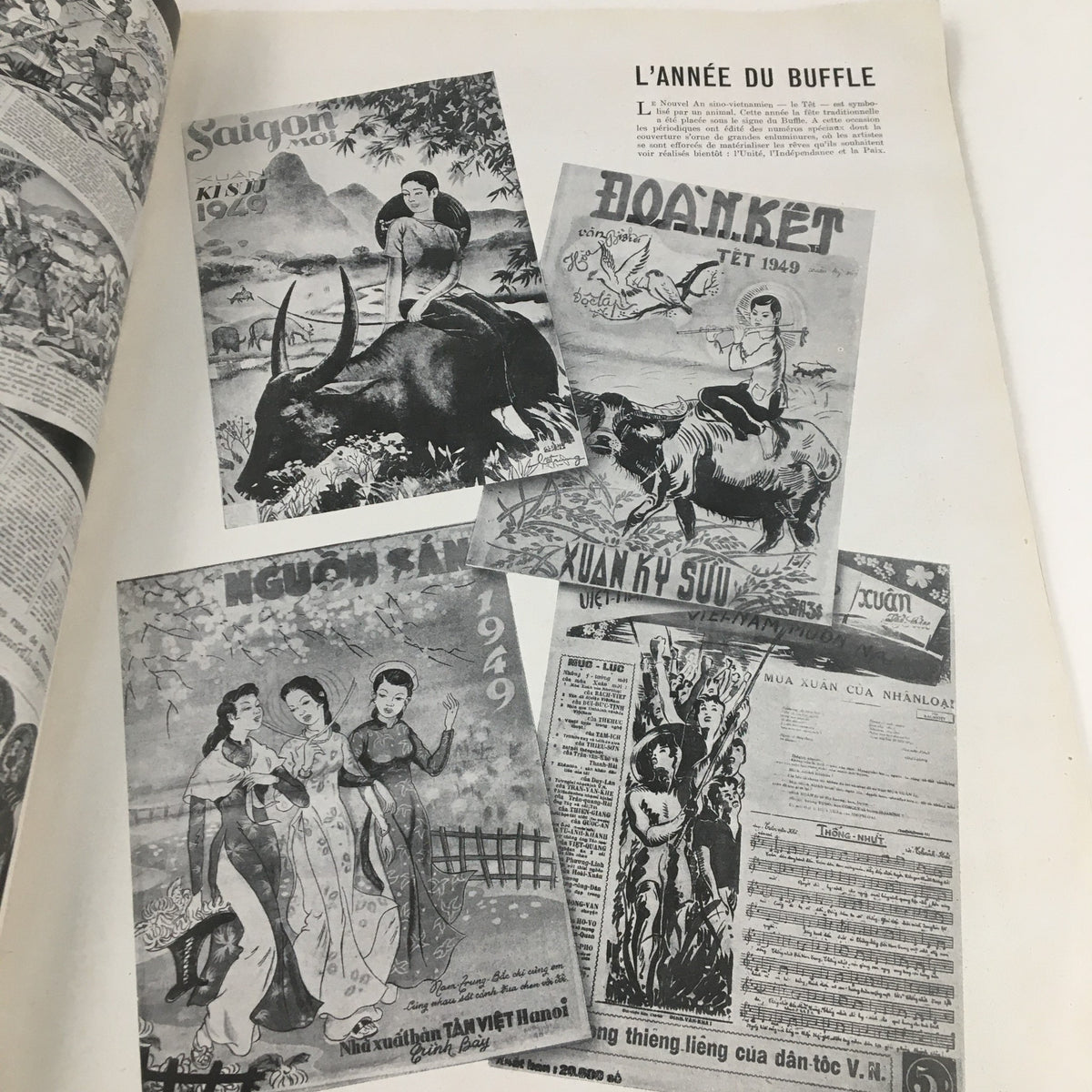 Artistic representation of 'L'Année Du Buffle' featuring various Vietnamese cultural illustrations and historical references in the France Illustration Magazine June 1949 L'Annee Du Buffle.