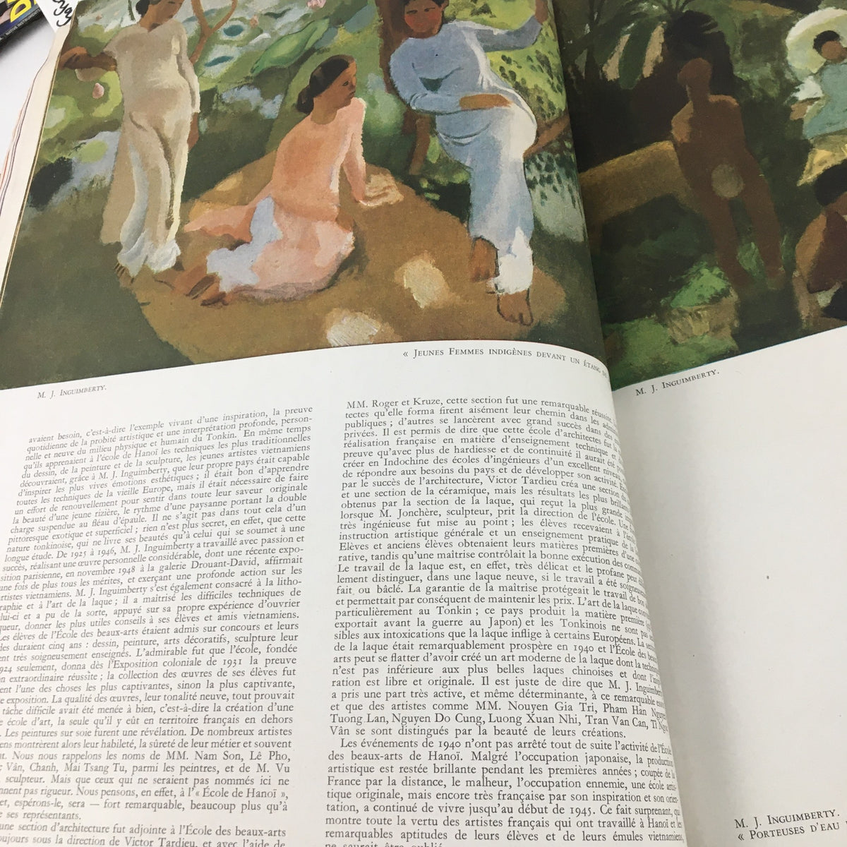 A painted depiction of young women in natural surroundings, showcasing artistic style from the France Illustration Magazine June 1949 L'Annee Du Buffle.