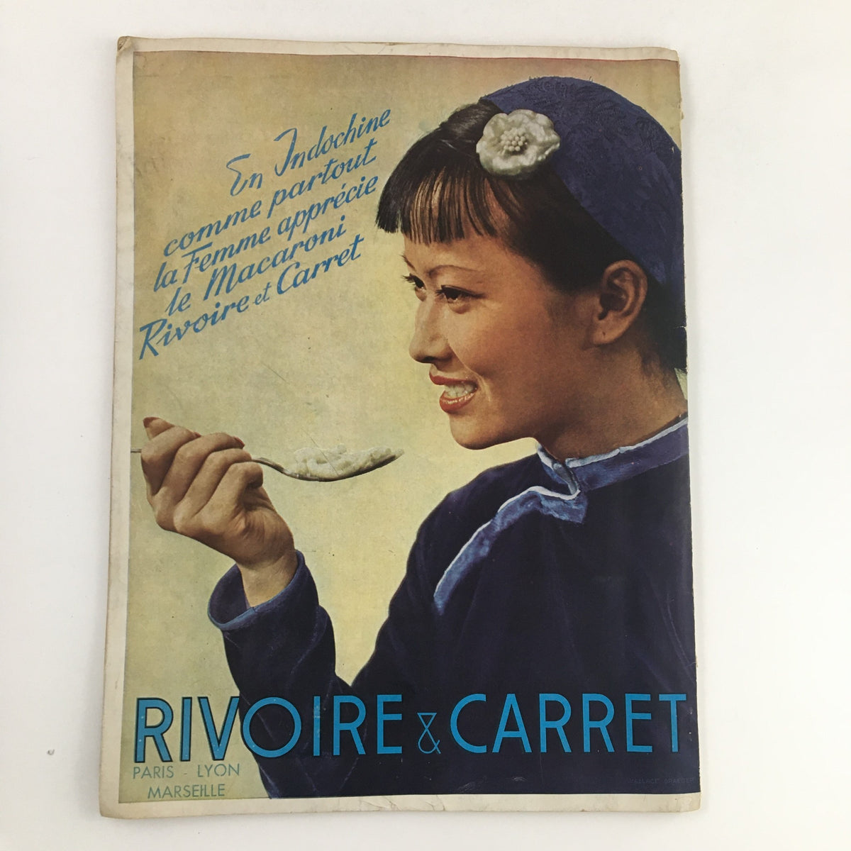 Cover of the France Illustration Magazine June 1949 titled 'L'Annee Du Buffle', featuring a woman enjoying food, promoting Rivoire & Carret pasta products, an artifact showcasing post-war French culture and vintage illustration.