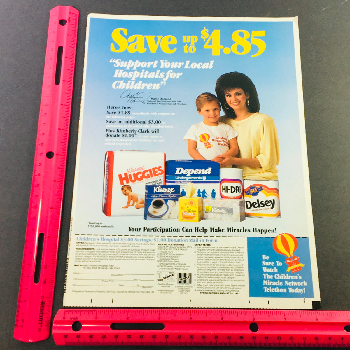 VTG Retro 1987 Kimberly Clark Diaper Products Marie Osmond Donation Ad Coupon featuring a woman and child, highlighting savings on Huggies diapers while supporting local hospitals for children.