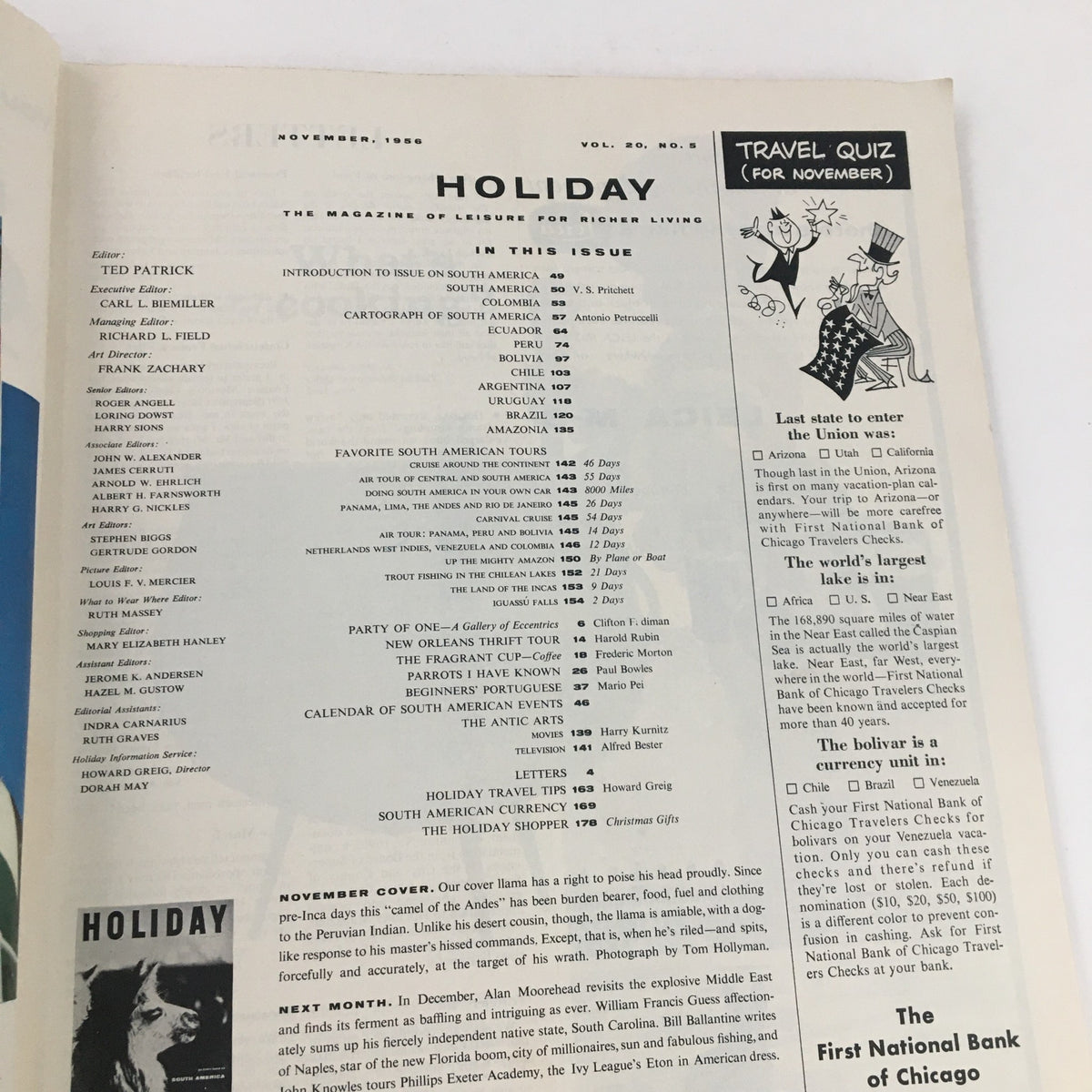 Inside page of Holiday Magazine November 1956 includes the table of contents and articles about South America, enhancing historical insight into mid-20th-century culture.