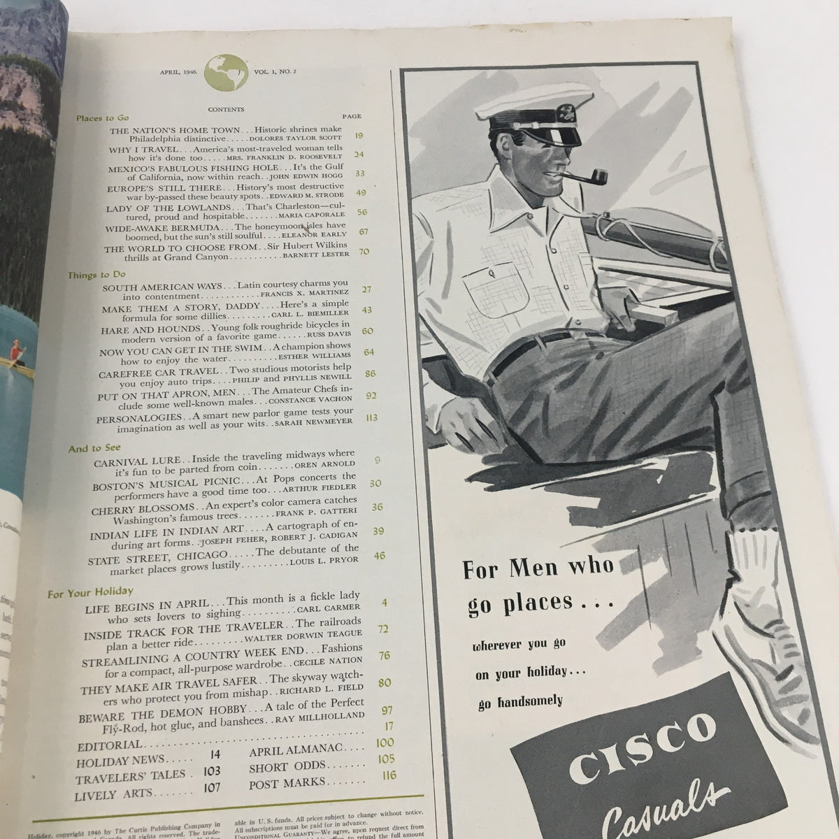 Interior page of Holiday Magazine April 1946 displaying the contents list, highlighting articles related to travel, culture, and festivities.