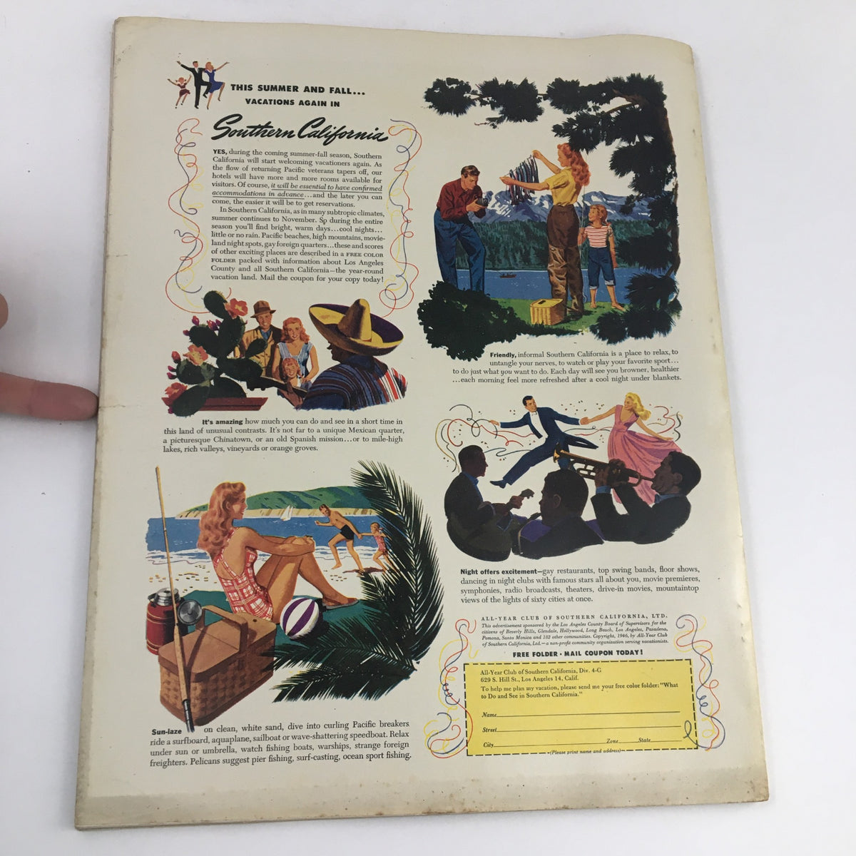 Back cover of the Holiday Magazine April 1946 featuring Southern California vacation highlights, showcasing vintage illustrations of beach scenes, outdoor activities, and cultural festivities.