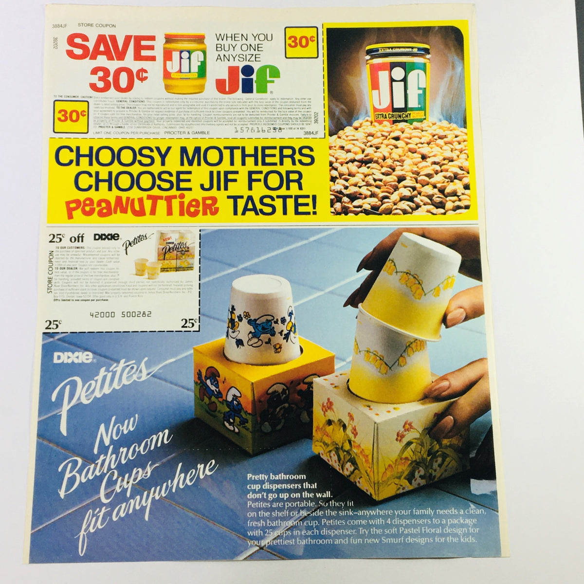 Vintage 1983 advertisement for Jif Peanut Butter and Dixie Smurf Petites Bathroom Cups, featuring a coupon and colorful graphics promoting Jif's taste and the convenience of Dixie cups.