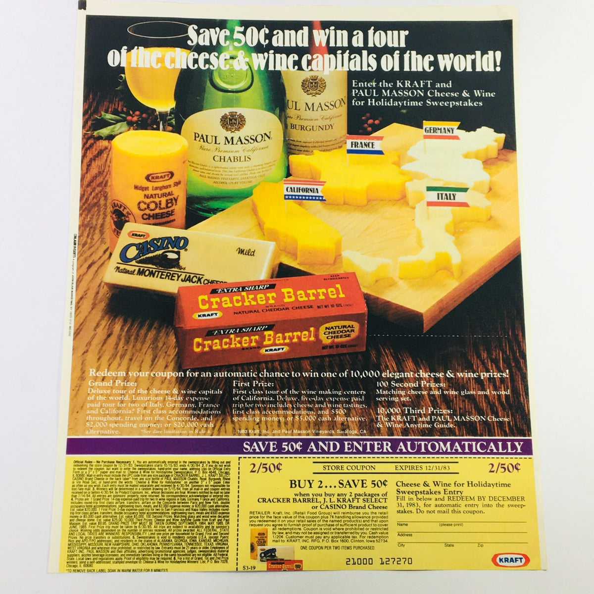 Retro advertisement promoting a coupon for Kraft cheese products, highlighting a sweepstakes to win a tour of cheese and wine capitals, with a variety of cheese products showcased.