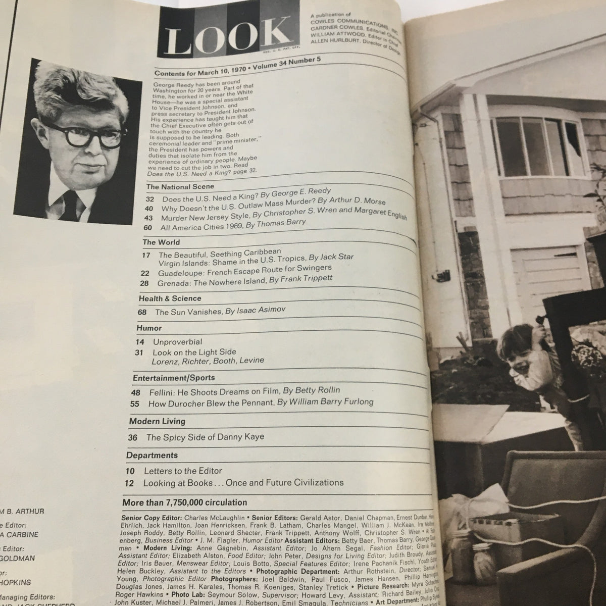 Interior page contents of Vintage Look Magazine March 10, 1970, listing articles including 'How Durocher Blew The Pennant', reflecting the magazine's focus on sports and cultural commentary of the time.