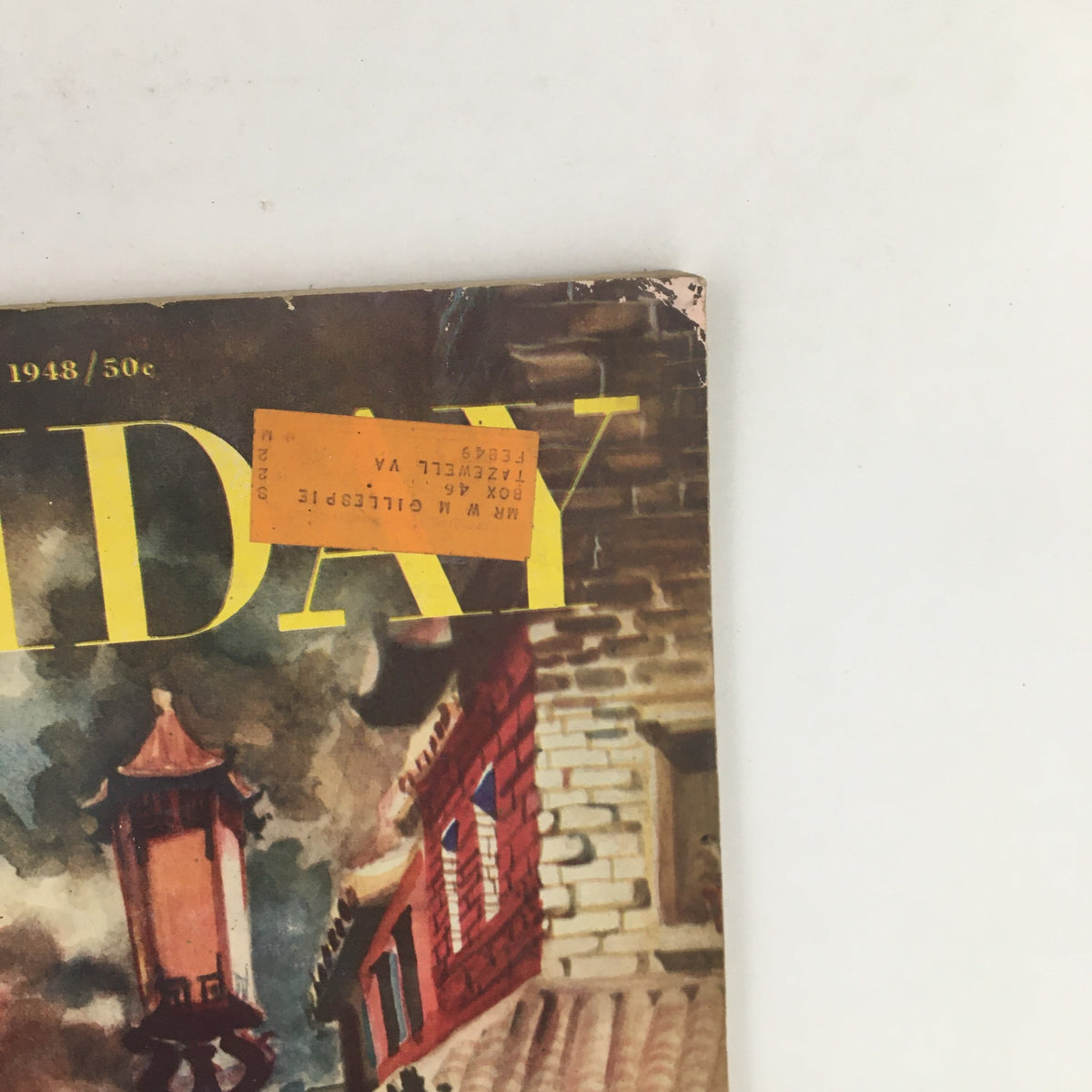 Close-up of Holiday Magazine July 1948 cover, highlighting the title and vintage address label, displaying the charm of post-war American publishing.