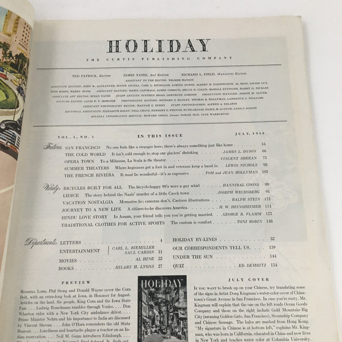 Interior page of the July 1948 issue of Holiday Magazine featuring articles on San Francisco, the Cold World, and Opera Town, showcasing the vintage design and style.
