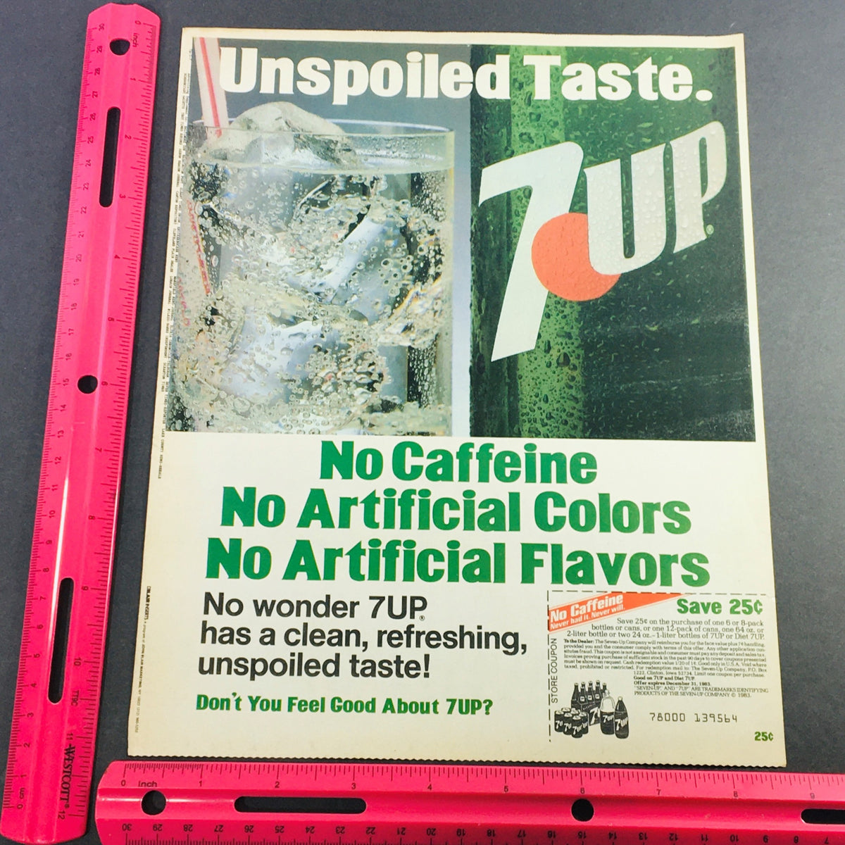 Close-up of a vintage 1983 advertisement for 7Up highlighting the no caffeine, no artificial colors and flavors messaging, along with a promotional coupon. VTG Retro 1983 7Up and Diet 7Up No Caffeine & Sheet Music Magazine Ad Coupon.