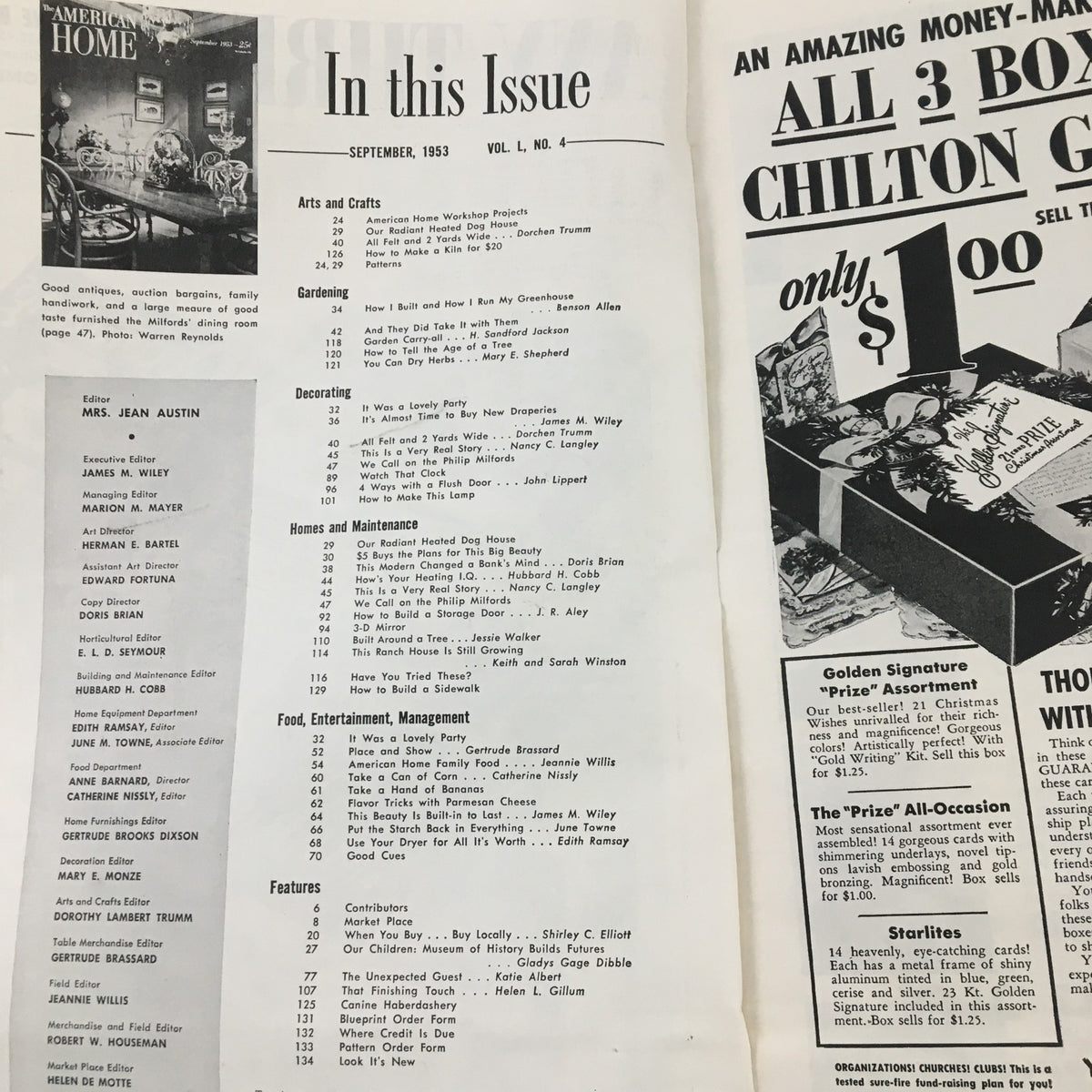 Contents page of The American Home Magazine September 1953 listing various articles including features on gardening, decorating, and innovative pet care trends.