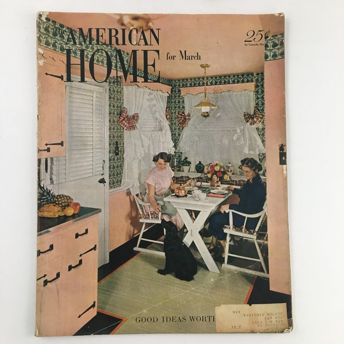 Cover of The American Home Magazine March 1951 featuring a vintage kitchen scene with two women and a dog, showcasing mid-20th-century home décor ideas.