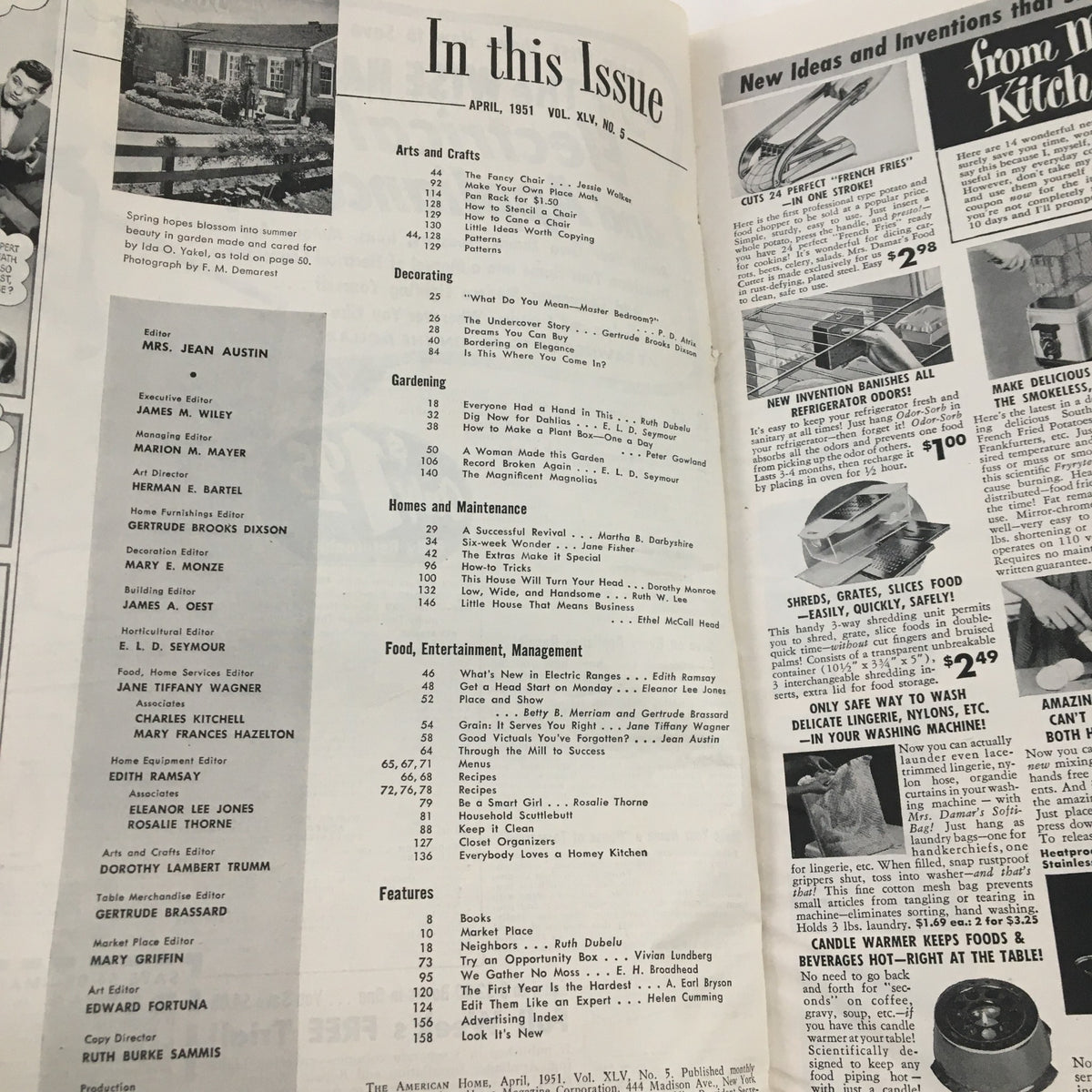 Detailed table of contents from The American Home Magazine April 1951 showcasing articles on arts, crafts, and home improvement.