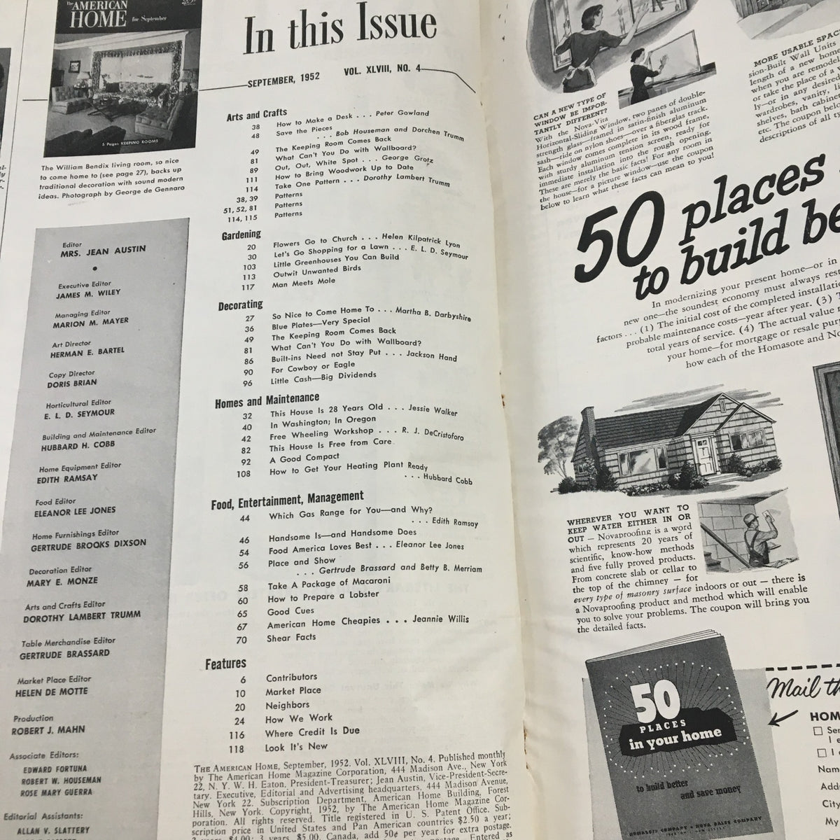 Contents page of The American Home Magazine, September 1952 edition, detailing articles including 'How To Make A Desk' and various home improvement topics.