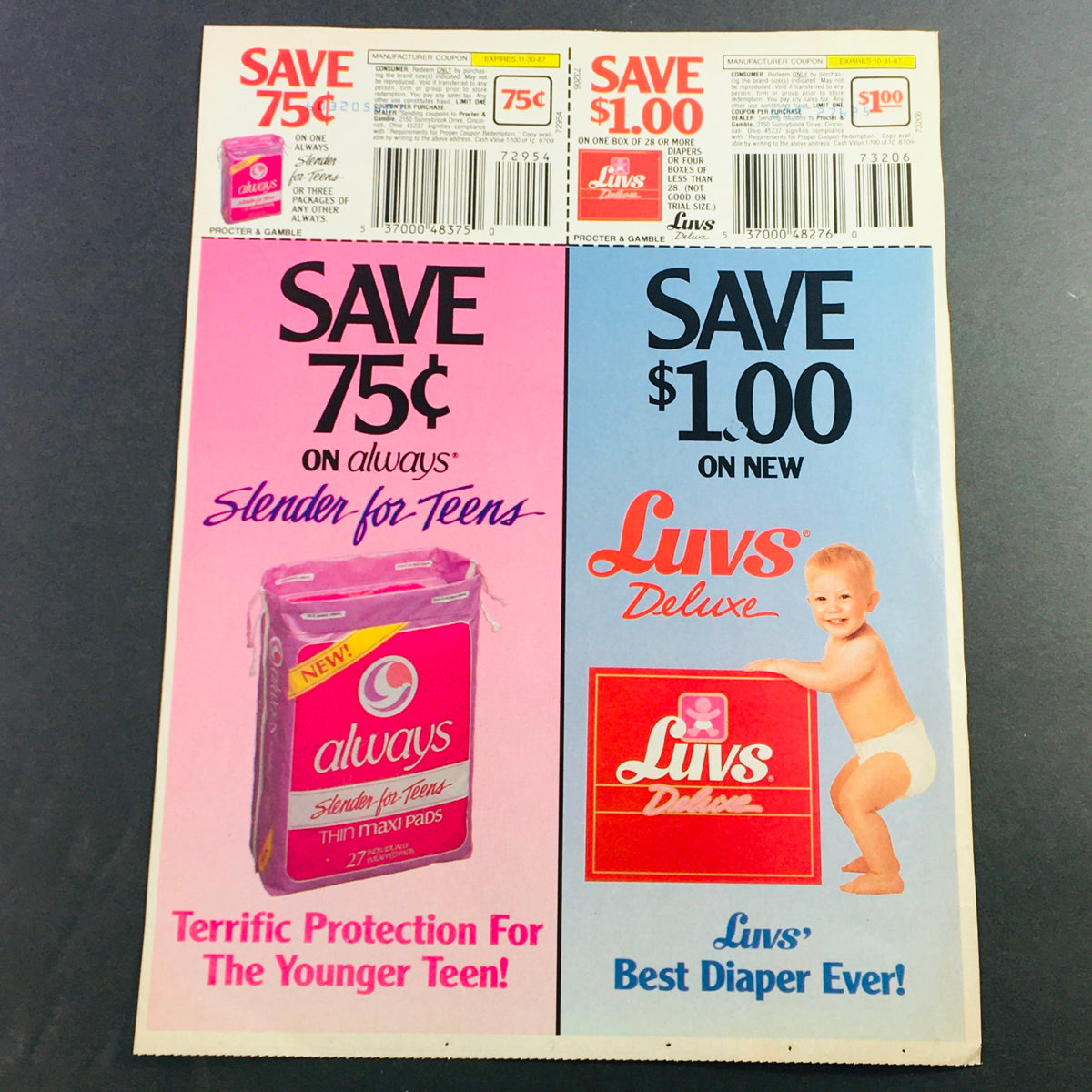 VTG Retro 1987 Always Slender for Teens & Luvs Deluxe Diaper Babies Ad Coupon showcasing discounts on Always Slender pads and Luvs Deluxe diapers with a colorful design and nostalgic appeal.