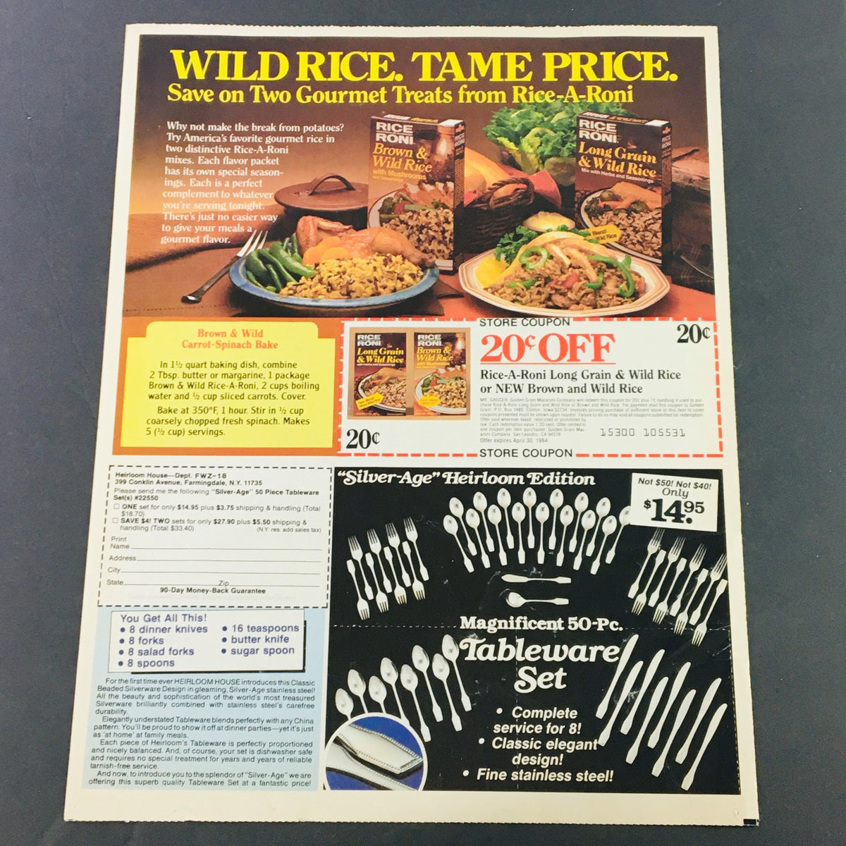 VTG Retro 1984 Chex Party Mix Cereal & Rice-A-Roni Gourmet Treats Ad Coupon highlighting Rice-A-Roni dishes and coupons for savings on gourmet treats, with an emphasis on the cooking instructions.