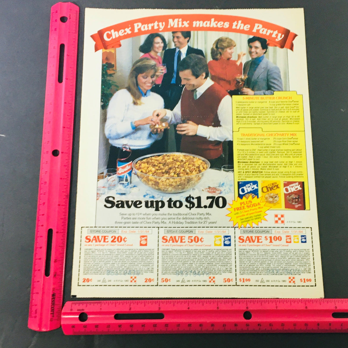 VTG Retro 1984 Chex Party Mix Cereal & Rice-A-Roni Gourmet Treats Ad Coupon with an image of people at a party around a bowl of Chex Party Mix, featuring pricing offers and product highlights.