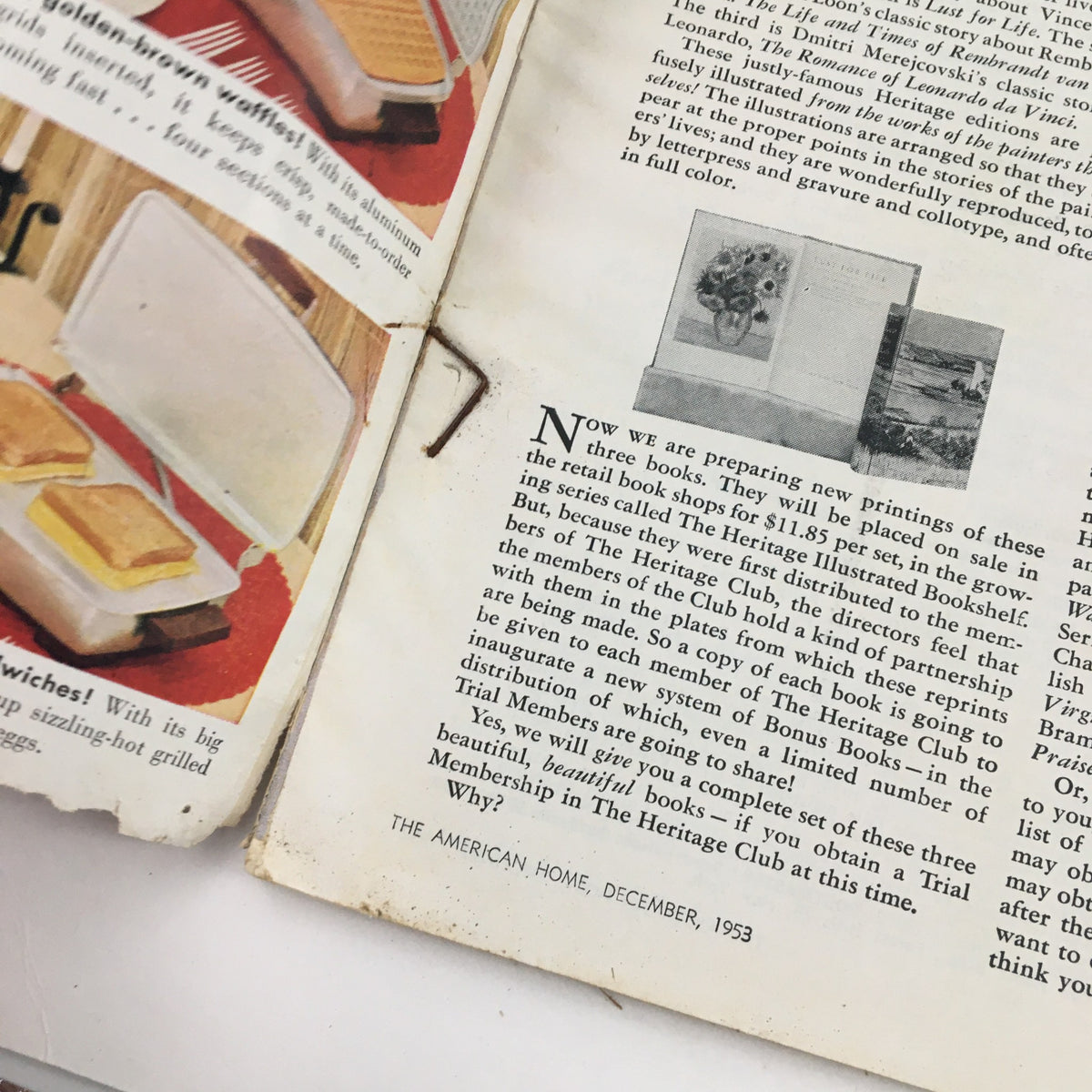 Interior page of The American Home Magazine December 1953 with vintage advertisements and articles, depicting mid-century home life.