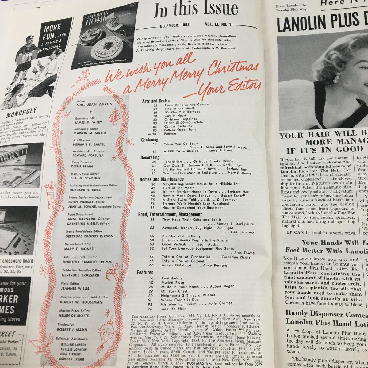 Contents page of The American Home Magazine December 1953, featuring an editorial message wishing readers a Merry Christmas, along with a list of articles in this issue.