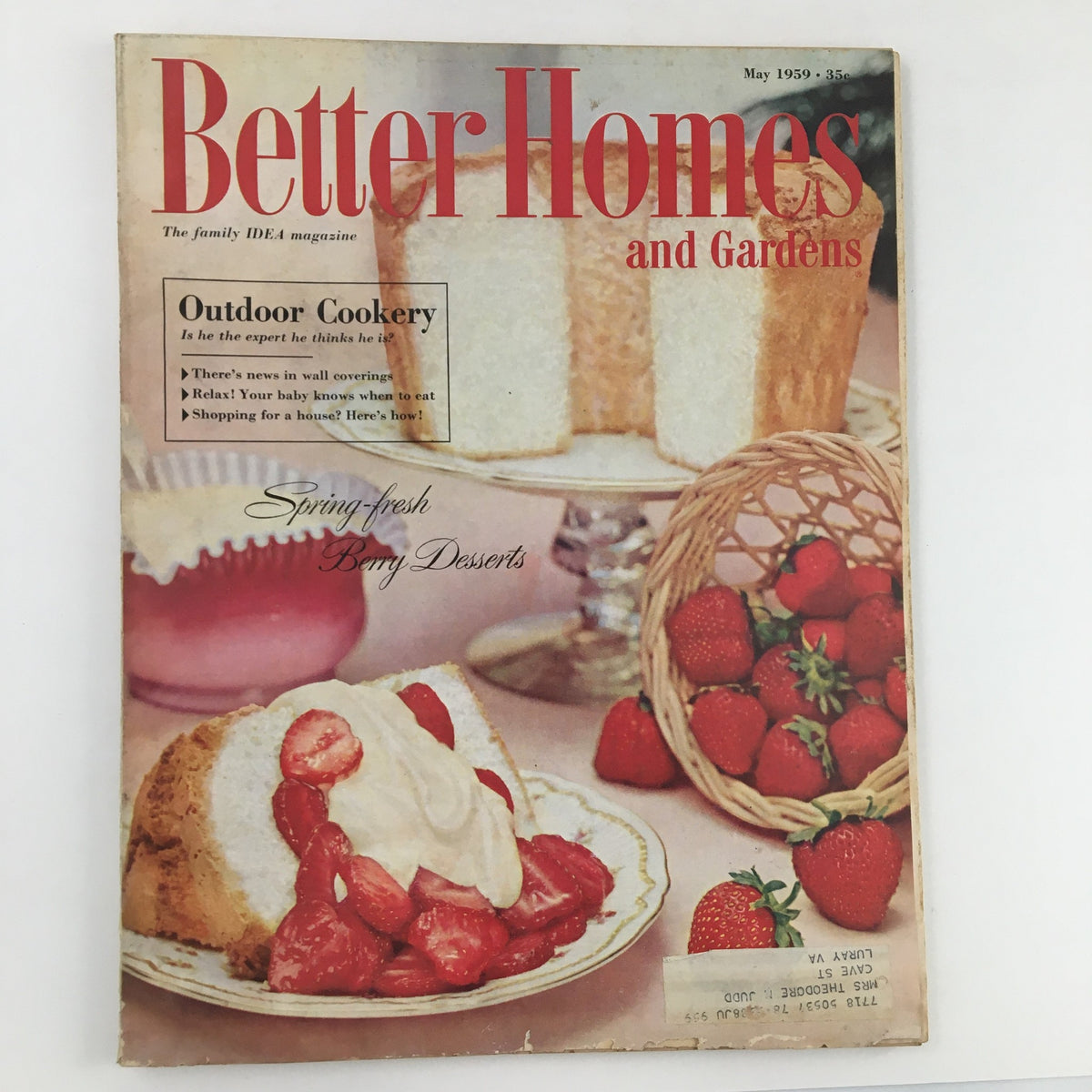 Cover of Better Homes & Gardens May 1959 showcasing spring-fresh berry desserts including strawberries and a sponge cake, highlighting mid-century floral and culinary design.